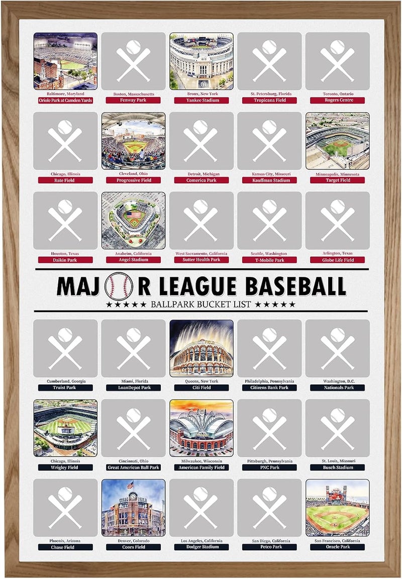 GKLTVB Baseball Stadiums Scratch Off Poster,Baseball Gifts for Men or Boy, All 30 Updated Major League Ballparks Posters,Base ball Room Decor,18x12 IN - Image 1